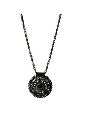 Vintage Antique Bronze Medallion Necklace Green Heart Accents Black Center Stone